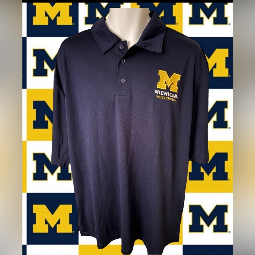 Michigan Wolverines Champion Blue Moisture Wick Large L Sewn Logo Polo Shirt NWT